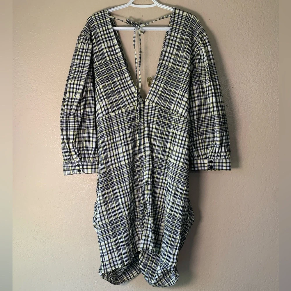 ASOS Curve Design Ruched Check Print Puff Sleeve Retro Mini Dress Size 22 NWT - Picture 3 of 9